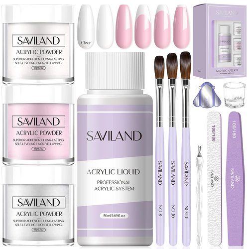 SAVILAND Acrylic Nail Kit - Professional Beginner Set with Clear, White & Pink Powder, 100 Nail Forms
