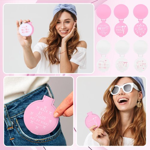 Namalu 36 Pcs Pink Bow Coquette Mini Bible Verse Compact Mirrors Inspirational Christian Wedding Gifts Bulk Women Travel Round Pocket Makeup Mirror Religious Gift for Purse Church Party Favors