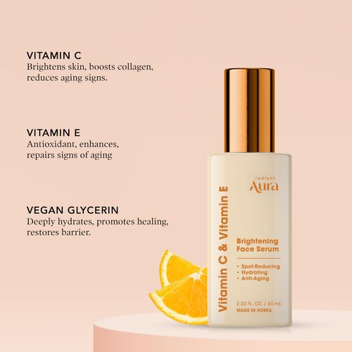 Radiant Aura Vitamin E & C Serum For Face – Dermatologist Tested, Anti Aging, Korean Skin Care – Revives Tired Skin, Smooths Fine Lines, Lightweight Hydration – Vegan, Clean Beauty – 2.03 Fl. Oz.
