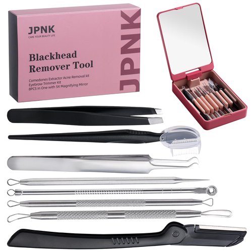 JPNK Blackhead Remover Tool Comedones Extractor Acne Removal kit & Eyebrow Trimmer Kit, 8PCS in One with 5X Magnifying Mirror (Silver)