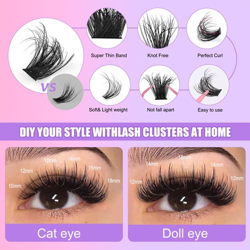 proamate Cluster Lashes Individual Cluster Eyelashes D Curl Mix 10-18mm (60D+80D) Eyelashes Cluster Volume & Dramatic Russian Individual Eye Lashes for Beginners (60D+80D Lash kit with Remover)
