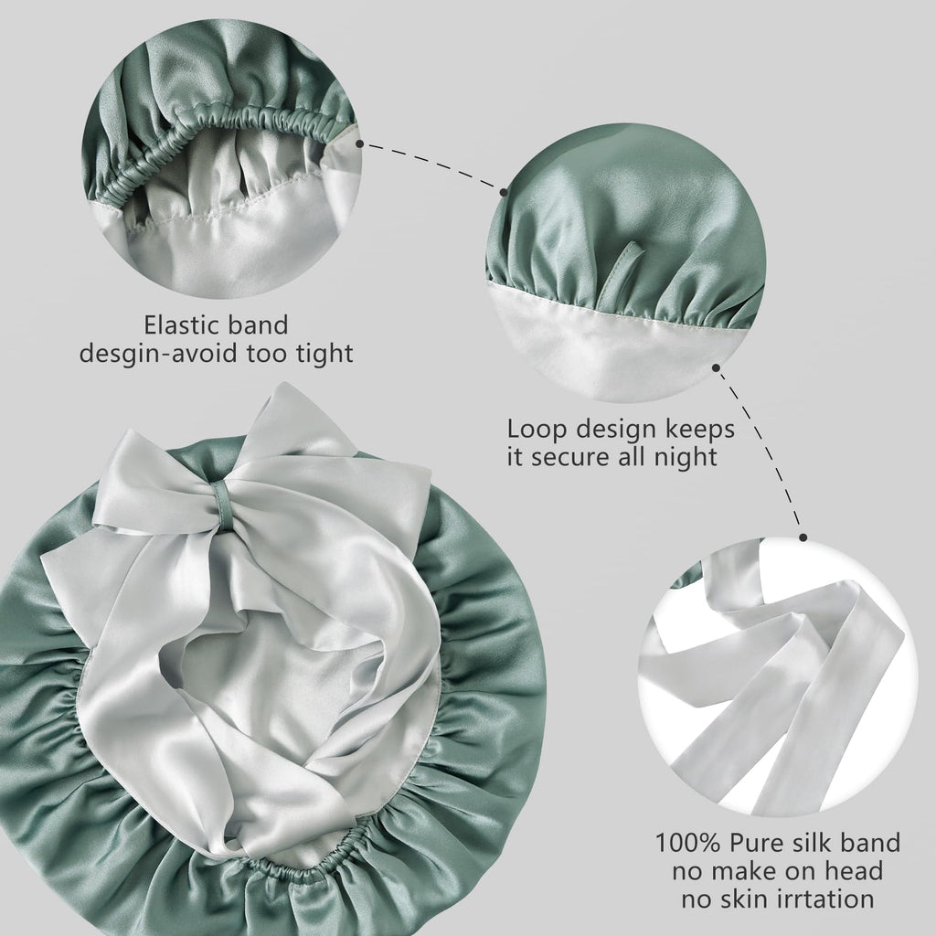 ZIMASILK 100% Mulberry Silk Bonnet for Sleeping Women Double-Layered Breathable Hair Wrap with Silk Tie Band - Reducing Hair Friction (1Pc, Grayish Green)