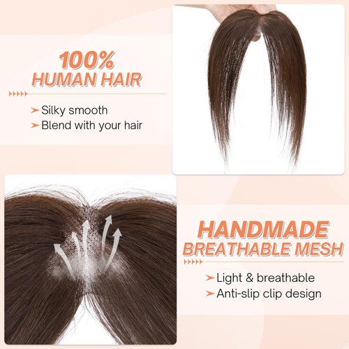 Benehair Clip on Bangs for Women Human Hair, Fake Bangs Clip Human hair, Middle Part Clip in Hair Extensions Hair Pieces with Temples for Daily Wear (Dark Brown)
