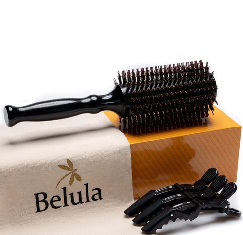Belula Boar Bristle Round Hair Brush - 2.7” Wooden Barrel for Volume & Body | Free Clips & Travel Bag
