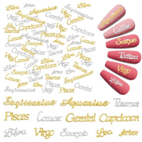 72pcs Zodiac Letter Nail Charms for Acrylic Nails Alloy Twelve Constellation Zodiac Sign Silver Gold Charm Jewels Studs Hollow Letter Nail Art Nail Decoration DIY Craft for Women Girls Manicure