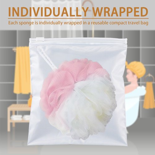 BEAGERUO 12 Pack Travel Size Loofah Individually Wrapped, 30 g Shower Puffs for Body, Mini Bath Sponge Bulk, Multicolor