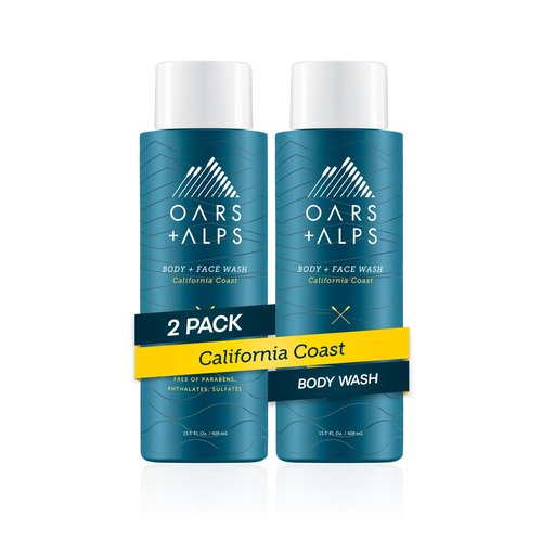 Oars + Alps Body Wash for Men, Mens Body Wash & Face Cleanser with Vitamin E & Antioxidants, Moisturizing, Paraben & Sulfate Free Cleanser, California Coast, 2pk