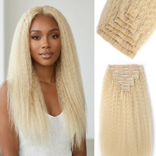 OLQZJZJ Kinky Straight Clip In Hair Extensions,24inch 200G 8pcs,100% Pure Protein Fiber Close to Human Hair,Blonde Full Head Double Weft Invisible Yaki Clip Ins for Women (#613,24inch)