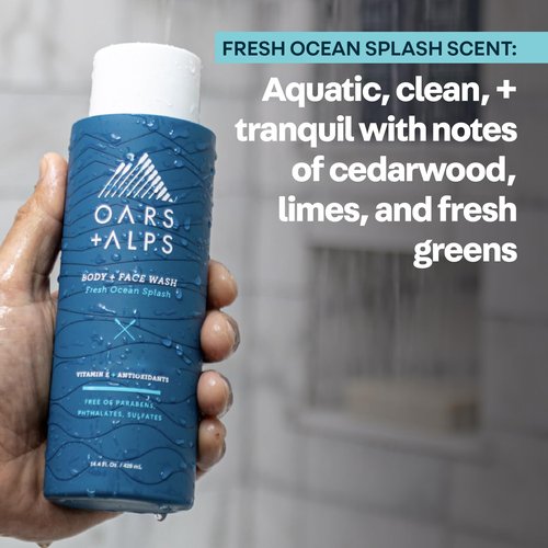 Oars + Alps Body Wash for Men, Mens Body Wash & Face Cleanser with Vitamin E & Antioxidants, Moisturizing, Paraben & Sulfate Free Cleanser, Fresh Ocean Splash, 2pk