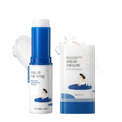 ROUND LAB Birch Juice Moisturizing Glow Eye Balm Stick + Birch Juice Moisturizing UVLock Sun Stick, Hydrating Multi Balm for Dark Circles, Korean sunscreen, No White Cast