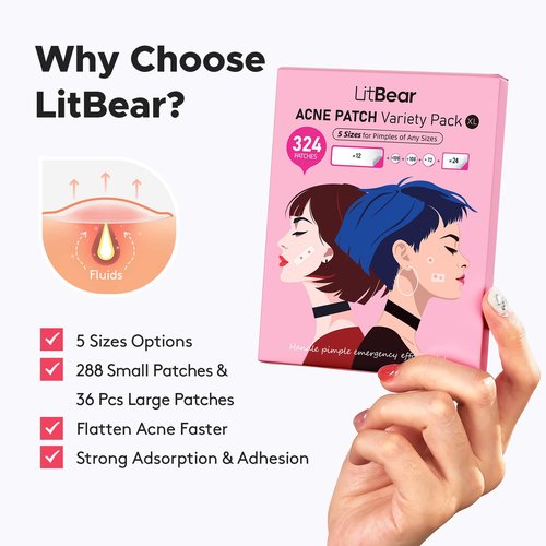LitBear Large Pimple Patches, 5 Sizes 324 Patches Big Acne Patches, XL Hydrocolloid Bandages for Full Face, Forehead, Chin, Nose, Body, Back, Neck & Chest, Stirp, Square Large hydrocolloid Patch
