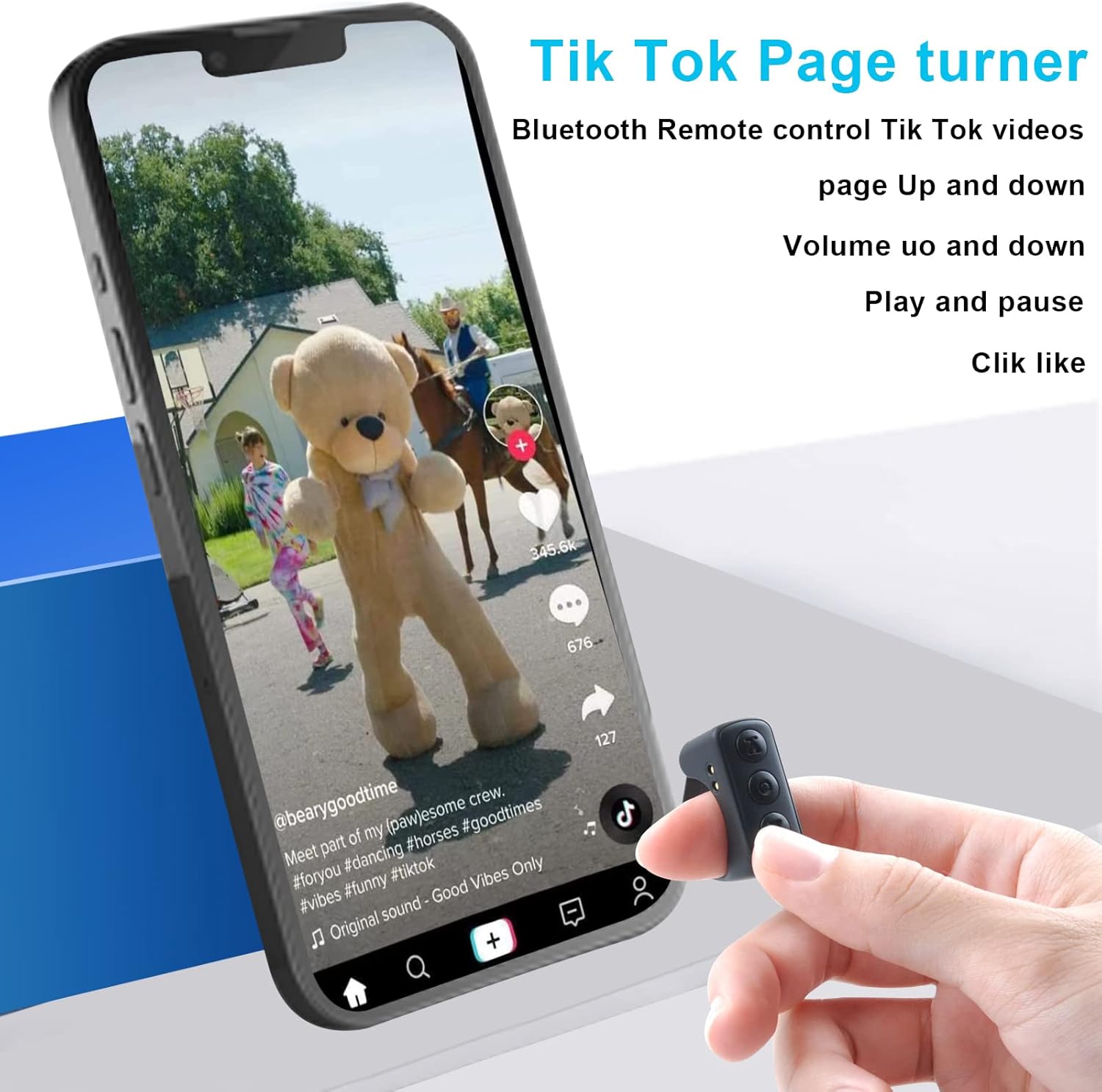 TIK Tok Bluetooth Remote Control - Page Turner & Camera Shutter for iPhone/Android | Black