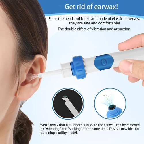 Electric Ear Wax Removal Tool with Vibration Suction, Gentle Ear Wax Vacuum for Dry Ear Wax, 2 Soft Interchangeable Heads for Itchy Ears, Earwax Remover (Peacock Blue)