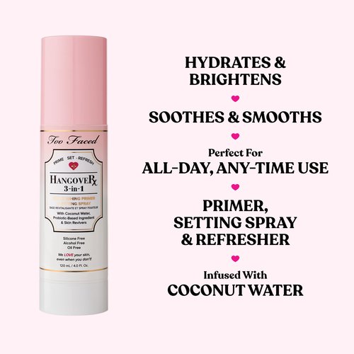 Too Faced Hangover 3-in-1 Primer & Setting Spray | Soothing & Hydrating Setting Spray for Face Makeup | Coconut Water | 4 Fl Oz, Clear