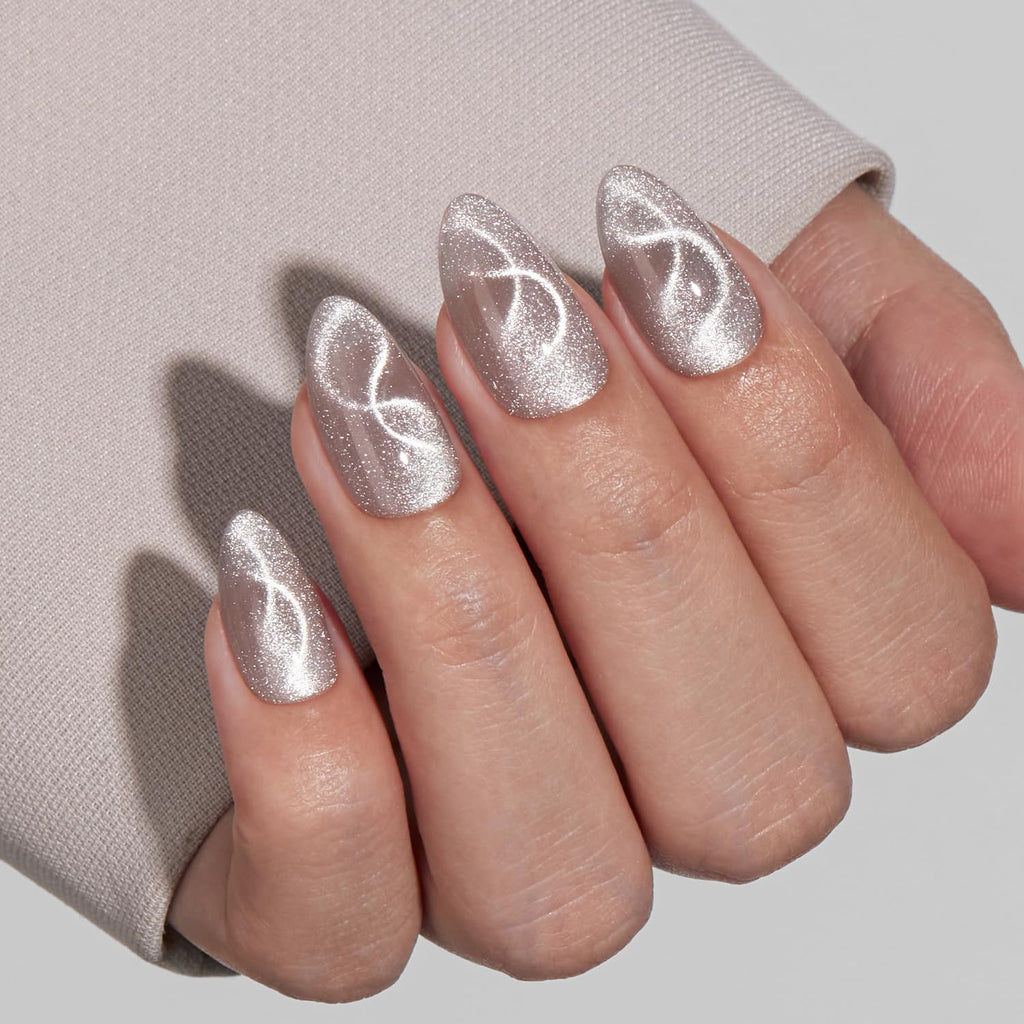 VSALON Press On Nails Short Almond, 32 Pcs 16 Sizes Cat Eye Spring Press On Nails Silver Shimmer Ribbon Sparkly Fake Nails With UV Glue Reusable Stick On Nails Semi-transparent