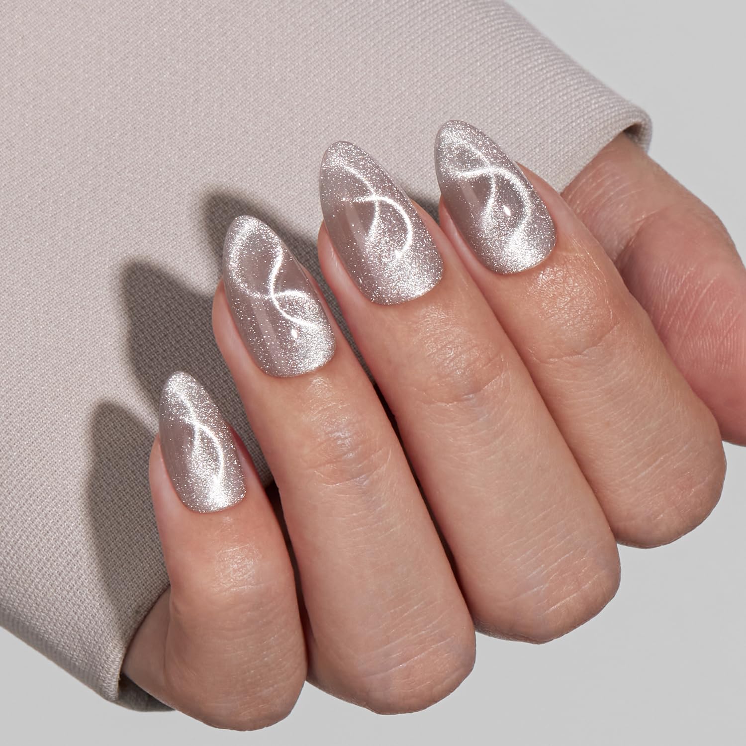 VSALON Press On Nails Short Almond, 32 Pcs 16 Sizes Cat Eye Spring Press On Nails Silver Shimmer Ribbon Sparkly Fake Nails With UV Glue Reusable Stick On Nails Semi-transparent