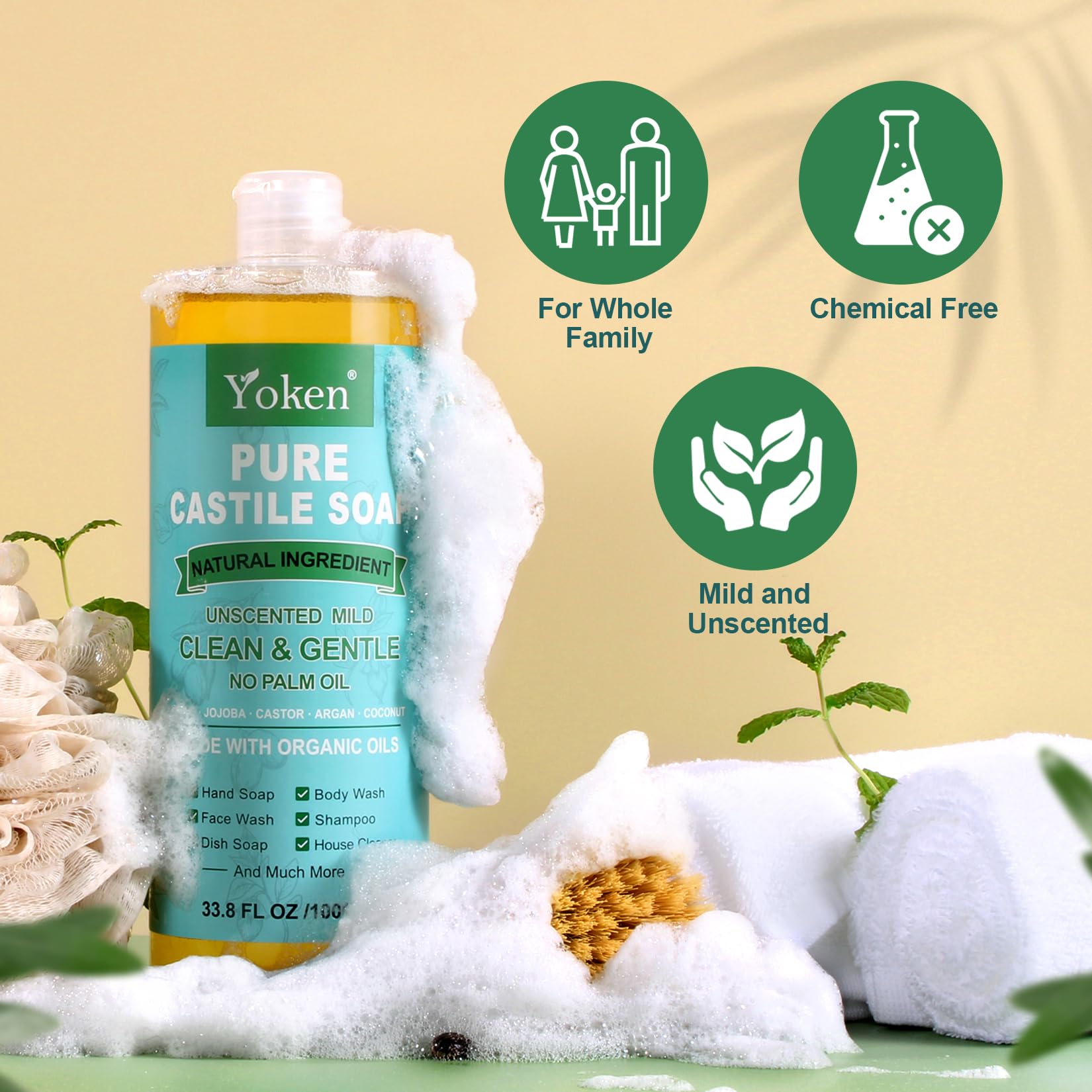 Yoken Pure Castile Soap Liquid Unscented 67 fl oz Castile Liquid Soap Made With Organic Oil, Clean & Gentle, No Palm Oil, Vegan, Natural Castille soaps for Face Body Hand Wash, Dishes Multi-purpose
