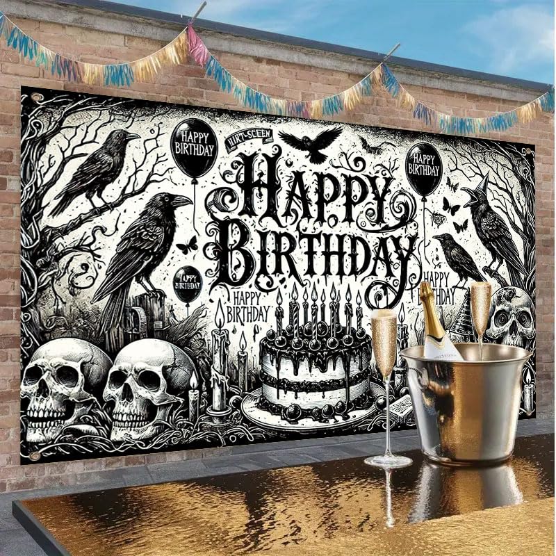 Gothic Halloween Birthday Banner - 71x43 Inch Dark Party Backdrop with Skulls & Crows - Multicolored Variation 538