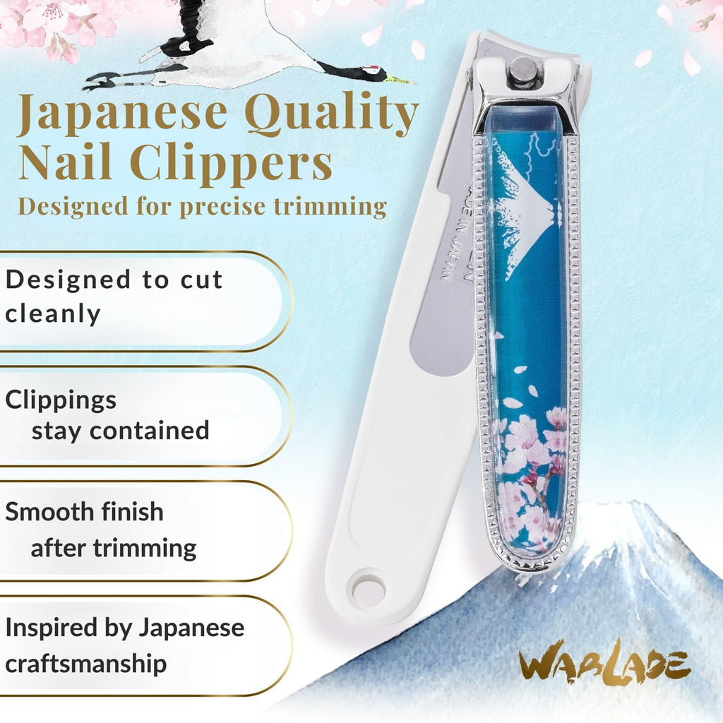 Wablade Japanese Nail Clippers, Made in Seki Japan, Curved Carbon Steel Edge, Removable Nail Catcher with Built-in Nail File, Fingernail & Toenail Grooming Tool, Compact Travel Design (Maiko)