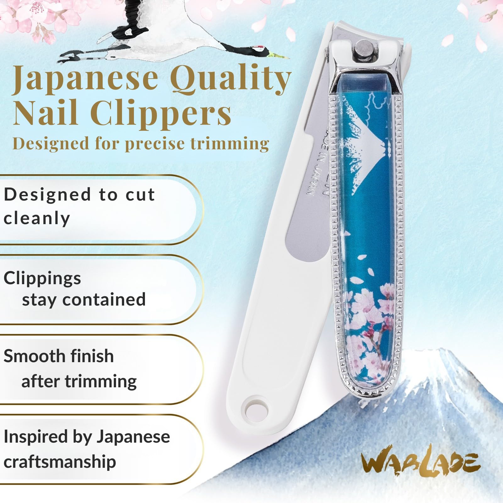 Wablade Japanese Nail Clippers, Made in Seki Japan, Curved Carbon Steel Edge, Removable Nail Catcher with Built-in Nail File, Fingernail & Toenail Grooming Tool, Compact Travel Design (Maiko)