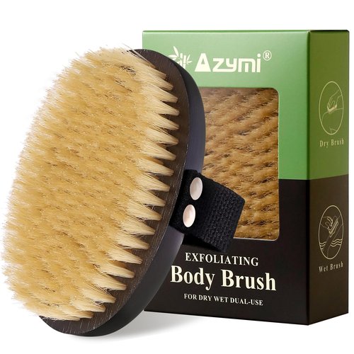 Dry Brushing Body Brush for Lymphatic Drainage, Azymi Shower Bath Brush 100% Natural Thick Bristles Exfoliate Dead Skin, Detoxify, Improve Blood Circulation, Dry & Wet Brush Dual-Use 1-Pack Oval