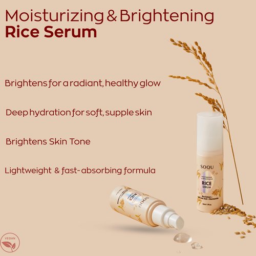 SOQU Moisturizing Facial Rice Serum - Hydrating and Brightening Formula with Niacinamide and Hyaluronic Acid for Radiant Skin - 50ml 1.69oz - Made in Korea (50ml / 1.69fl oz, Rice Serum)