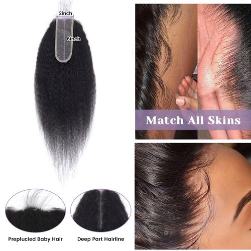 DSEKCAIN Kinky Straight Lace Closure 2x6 HD Lace Closure Yaki Straight Human Hair Transparent Middle Part Long Parting 100% Real Human Hair Natural Black Color 14 Inch