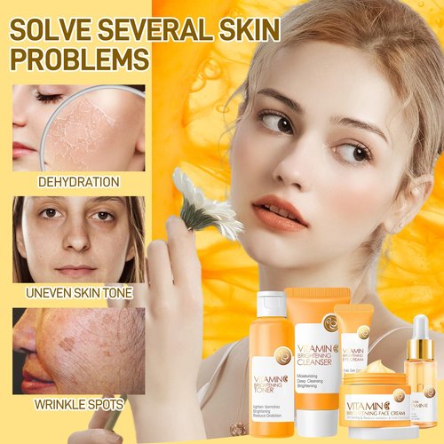 5Pcs Valentines Day Vitamin C Skincare Set, Skin Care for Kids, Skincare Gift Sets with Cleanser, Toner, Serum, Eye Cream, Facial Cream, Skin Care Set for Girls Ages 8-12, Travel Facial Kit for Girls