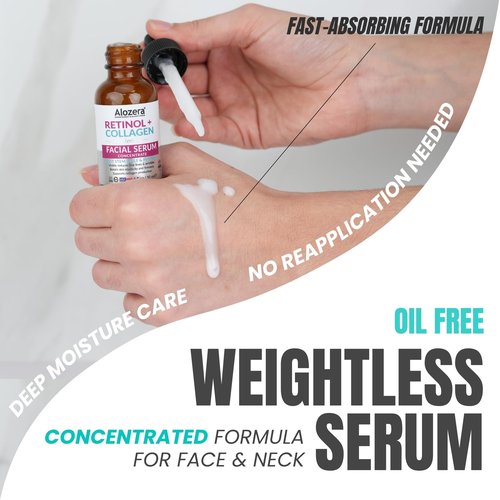 Alozera Retinol Collagen Serum for Face & Neck with Stem Cells & Peptides, Anti-Aging Wrinkle Serum for Firmer, Tighter, Smoother & Renewed Skin, Fast-Absorbing & Non-Greasy, Day/Night Facial Serum
