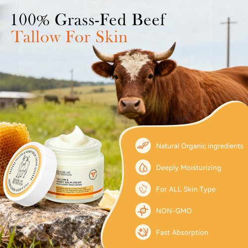 Beef Tallow for Skin, Tallow and Honey Balm, 100% Grass Fed Whipped Moisturizer, Natural Honey & Beeswax Cream, Face and Body Skincare, Deep Hydration for Sensitive Skin, Non-Greasy, 2oz