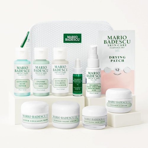 A Little Bit of Mario 10-Piece Skincare Kit | Brightening Vitamin C Serum, Glycolic Acid Toner & More - Anti-Aging, Hydration & Travel Gift Set