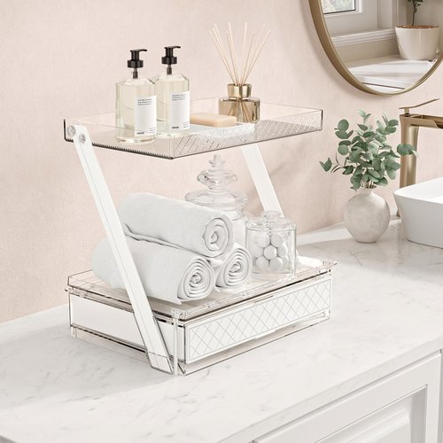 3-Tier Bathroom Countertop Makeup Organizer - Tall Big Make Up Storage with Slide-Out Tray & Bottom Drawer, Transparent Acrylic for Cosmetics Brushes Lipsticks Skincare