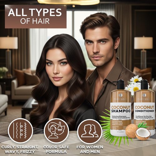 Skiennix Coconut Shampoo & Conditioner Set - Sulfate-Free, Deep Moisturizing Formula for Dry, Damaged Hair | 16 Fl Oz (Set of 2)