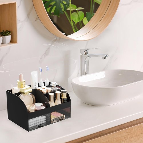 Makeup Organizer with 2 Drawers, Cosmetic Storage for Dresser Vanity and Bathroom Countertop,Make up organization and Skincare Storage with Beauty Brush Holder, Cosmetic Display Case (Black)