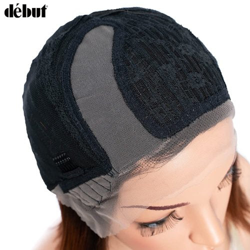 DÉBUT Asymmetrical Bob Wigs Ear to Ear Lace Front with Baby Hair Short Bob Simulated Scalp Lace Wig for Women Heat Resistant Fiber Synthetic Hair Side Parting Wig Highlight Ombre Brown Color