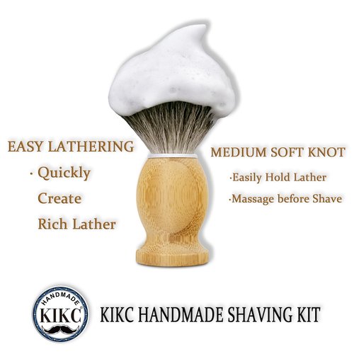 KIKC Hand Crafted Pure Badger Shaving Brush for Wet Shave, Comfortable Bamboo Handle, Soft Bristle, Best Gift for Bearded Man