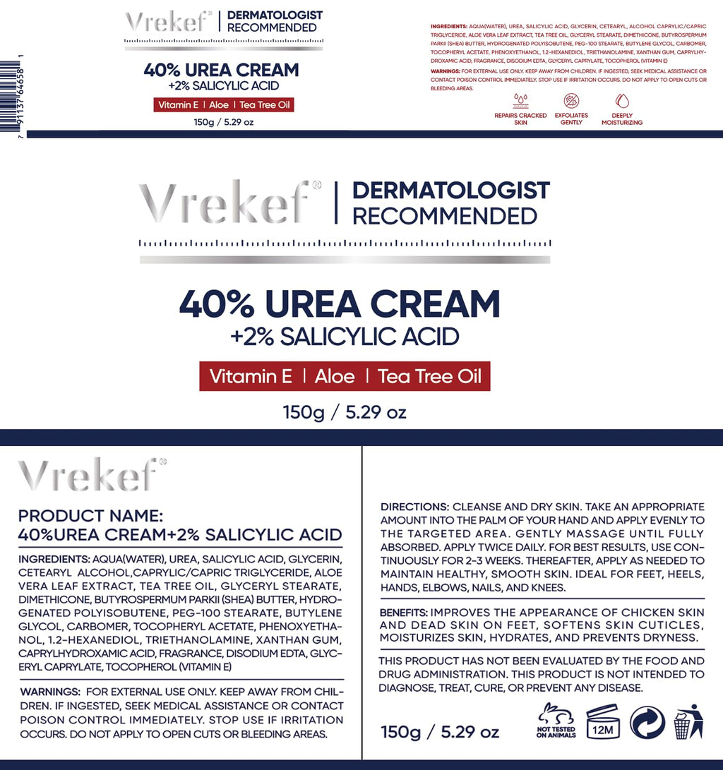 VREKEF Urea Cream 40 Percent for Feet Maximum Strength, Urea Cream 40% Plus Salicylic Acid 2%, Foot & Hand Cream for Dry Cracked