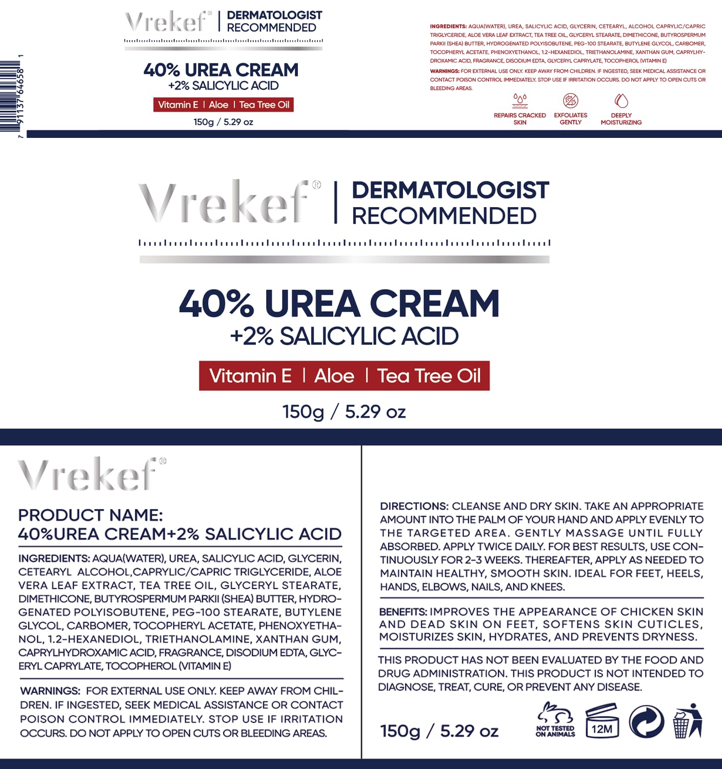 VREKEF Urea Cream 40 Percent for Feet Maximum Strength, Urea Cream 40% Plus Salicylic Acid 2%, Foot & Hand Cream for Dry Cracked