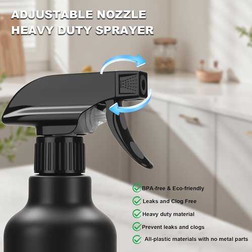 Skiennix 16.9oz Plastic Spray Bottles - Heavy Duty for Hair Mist & Cleaning Solutions | 2 Pack (Black)