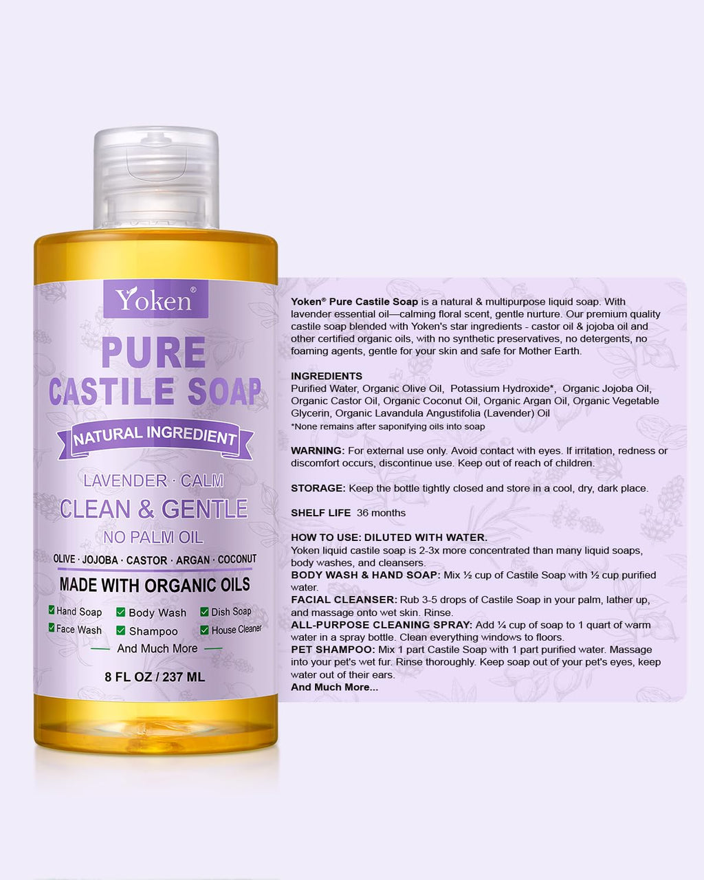 Yoken Pure Castile Soap Liquid Lavender 8 OZ, Made with Certified Organic Oils, Gentle Lavender Soap for Hands & Body Wash, Face, Dishes, Laundry & More - Vegan & Natural Ingredients Cleanser