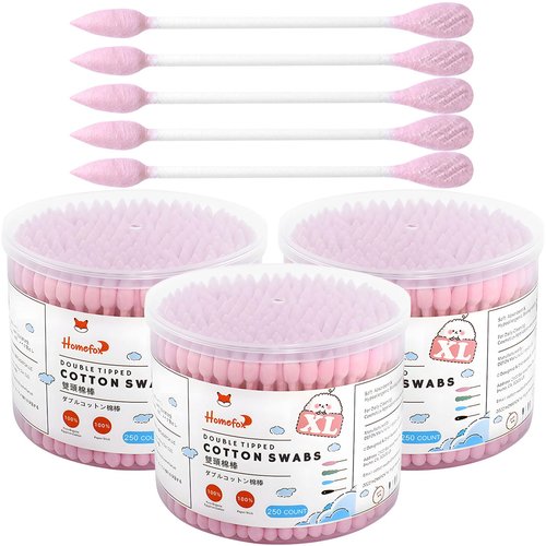 HOMEFOX Pink Cotton Swabs Flattened Pointed - 750 Count Organic XL Cotton Bud Double Side Tight Firm Wounded Precision Extra Large Cotton Tips Applicator Blender Paper Stick, Flatten & Pointy (Pink)
