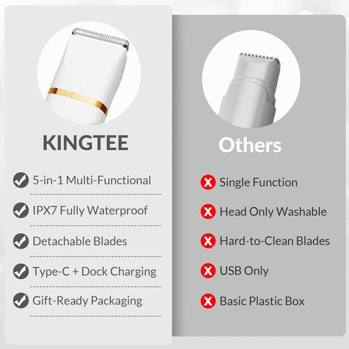 KINGTEE 5-in-1 Electric Bikini Trimmer for Women – IPX7 Waterproof Shaver, Cordless Body & Facial Razors for Women, Ceramic Blades, USB-C Rechargeable, Painless Hair Removal Kit (White)