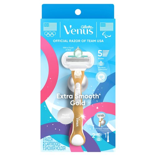 Gillette Venus Extra Smooth Sensitive Gold Women's Razor Handle + 2 Blade Refills, includes Shower Holder