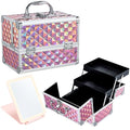 Faquenc Makeup Case with Lighted Mirror Travel Makeup Organizer Box 2 Trays Lockable Cosmetic Train Case with Movable LED Mirror for Girls Make Up Nail Kits Sewing Vanity Storage Case Shiny Pink