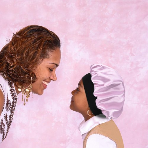 SENGTERM Kids Satin Bonnet Double Layer Wide Elastic Band Sleep Cap Hair Bonnet Silky Night Cap for Toddler Child (Kids Black&Pink)