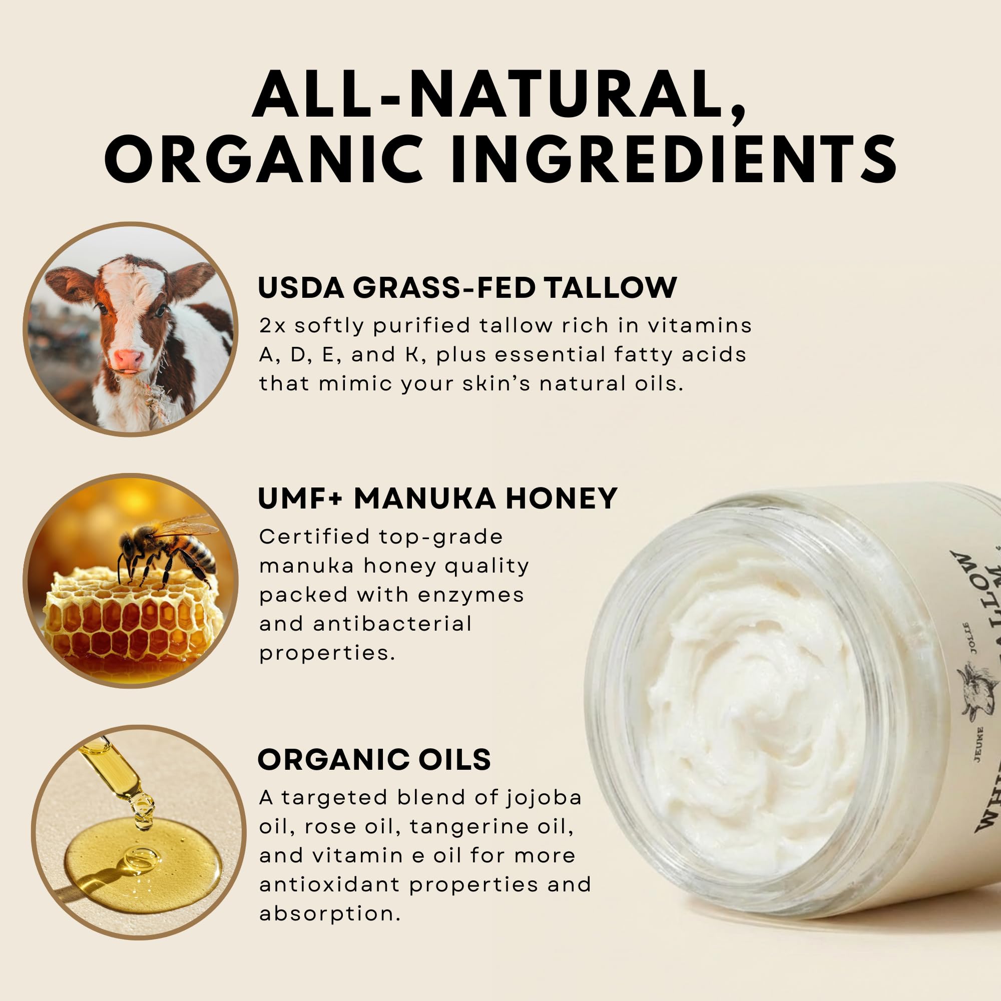 Whipped Grass-Fed Tallow Balm & Manuka Honey For Skin Face Body - Organic Jojoba & All-Natural Moisturizing Cream for Nourished, Soft Skin - Handmade All-Natural Moisturizer (2 Oz, Lavender Honey)
