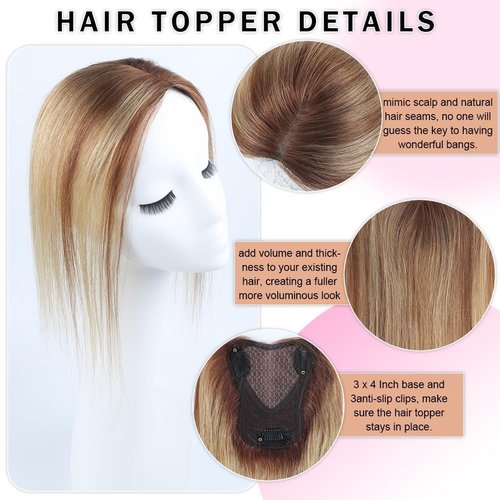 Hair Toppers for Women Real Human Hair 12 Inch 360° Cover Remy Human Hair Topper for Women with Thinning Realistic Scalp Clip in Pieces Straight Hair (Highlight Brown Mixed Blonde, Side Bangs)