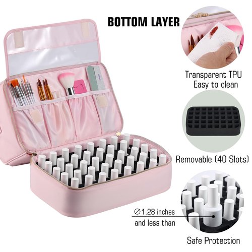 GR69N Nail Polish Organizer Case,Nail Polish Holder Holds 1 Nail Lamp & 50 Bottles,Nail Tech Travel Case,Waterproof Nail Kit Organizer Bag Fits Nail Supplies & Manicure Tools (Pink)