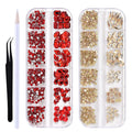 WOKOTO 2 Box Flat Back Champagne And Red Nail Rhinestones And Crystal Set For Acrylic Nails, Fake Nail Diamonds Rhinestones Set With Nail Tweezers And Pencils Kit For Girls Women