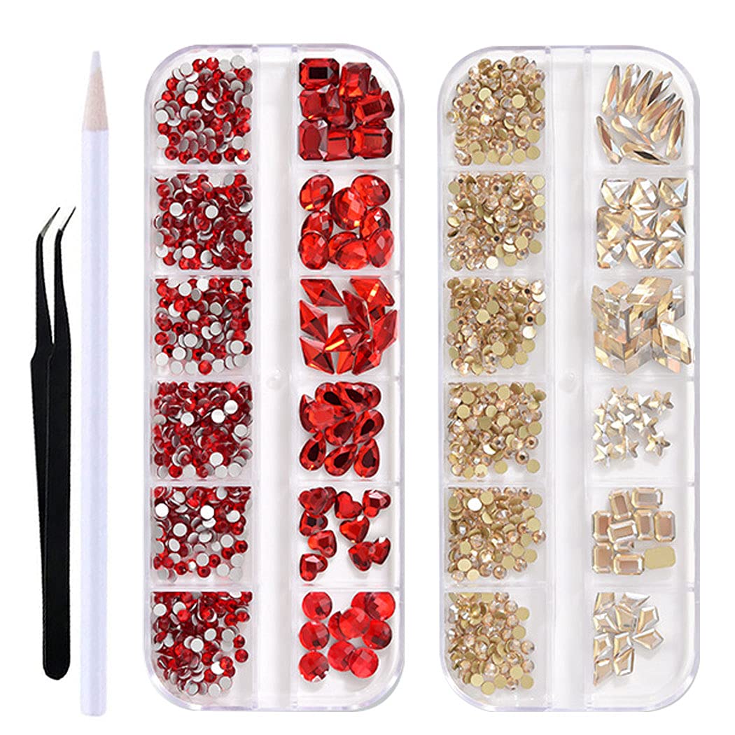 WOKOTO 2 Box Flat Back Champagne And Red Nail Rhinestones And Crystal Set For Acrylic Nails, Fake Nail Diamonds Rhinestones Set With Nail Tweezers And Pencils Kit For Girls Women